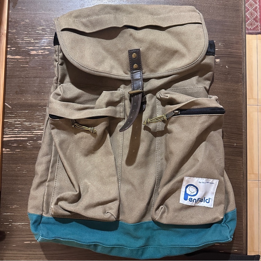 Penfield Tan and Teal Canvas Backpack Classic Rucksack Style